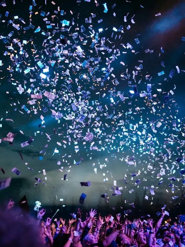 A street party with confetti in the air